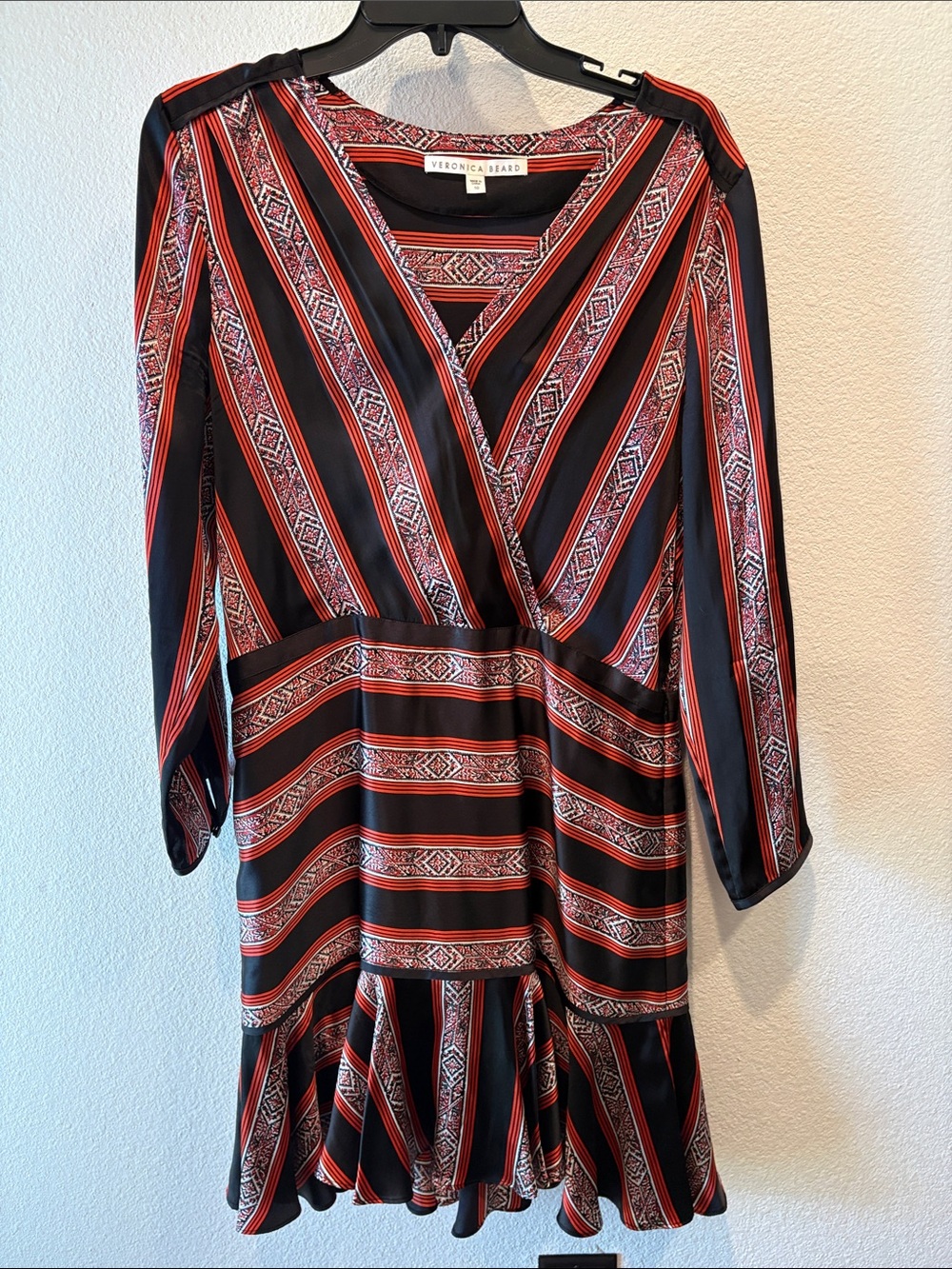 Veronica Beard Black and Red Striped Wrap-Style Long Sleeve Dress